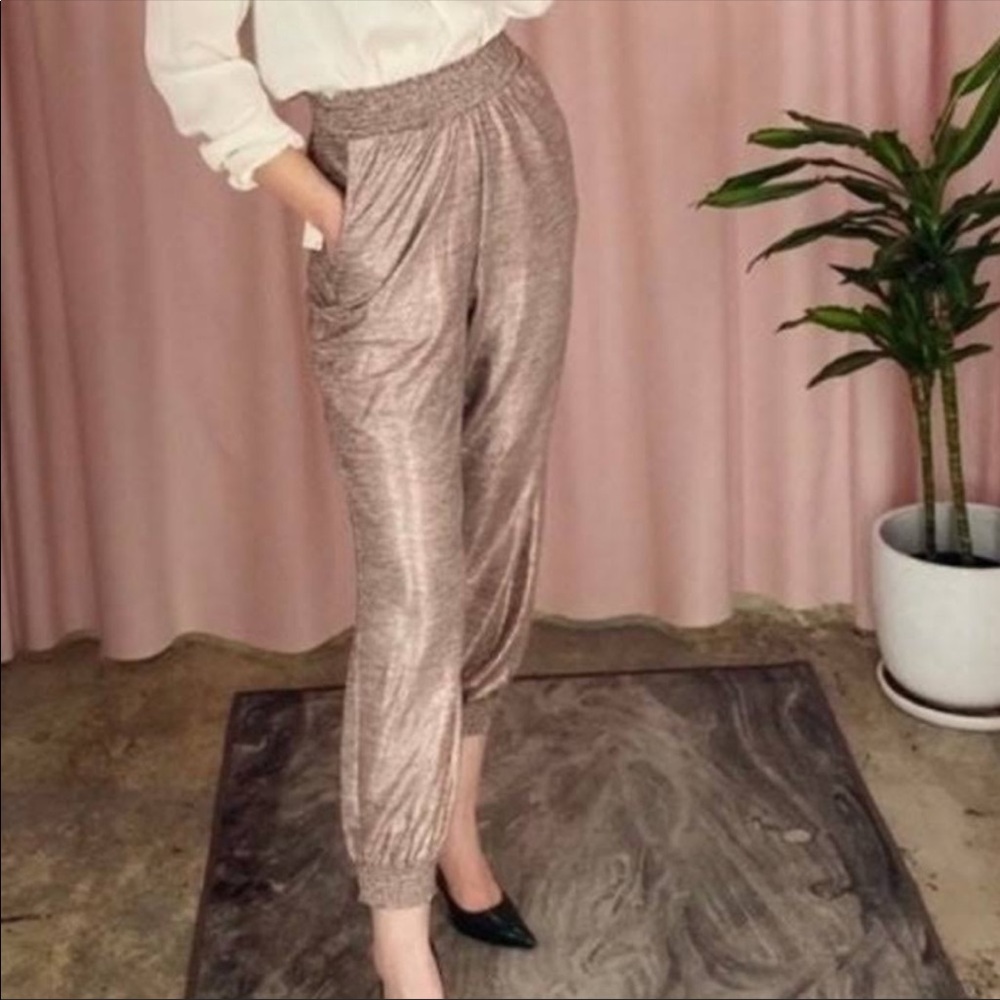 NWT ANTHROPOLOGIE metallic rose pink luxe joggers pockets 2119